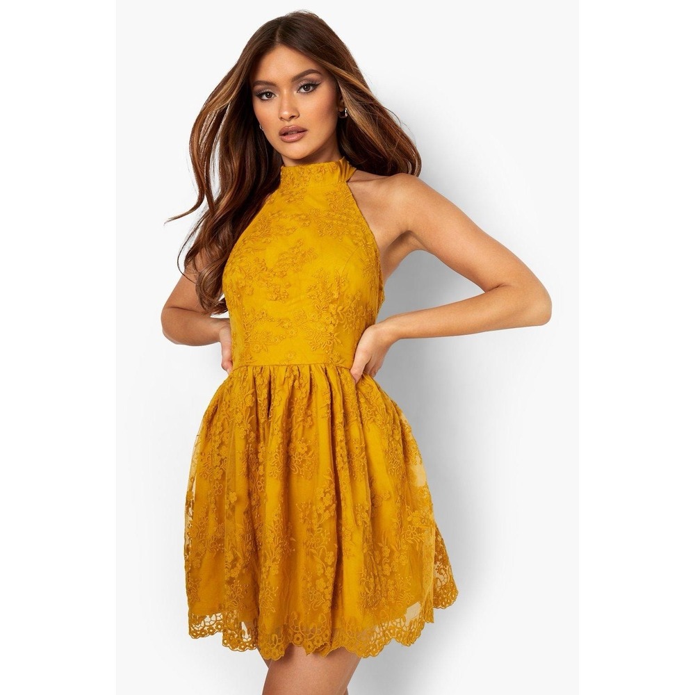 Boohoo Occasion Mustard Yellow Lace Halterneck Mini Skater Dress US 14 NWT